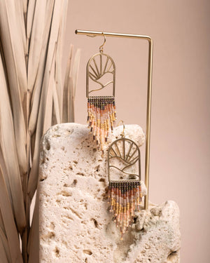 Beaded Handwoven Sedona Sunset Fringe Earrings (Beige/Brown)