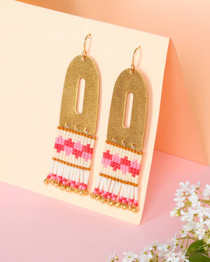 Beaded Handwoven Color Block Earrings (Red/Pink)