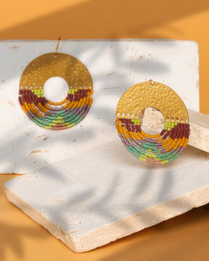 Beaded Handwoven Organic Circular Fringe Earrings (Green)