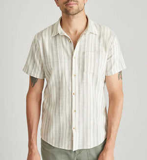 Stretch Selvage Short Sleeve Shirt - Cream/Olive Stripe