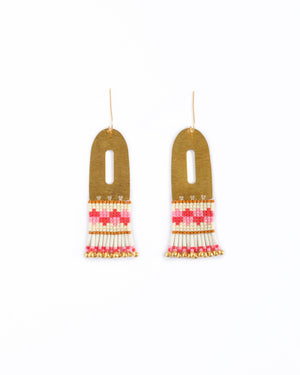 Beaded Handwoven Color Block Earrings (Red/Pink)