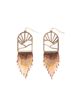 Beaded Handwoven Sedona Sunset Fringe Earrings (Beige/Brown)