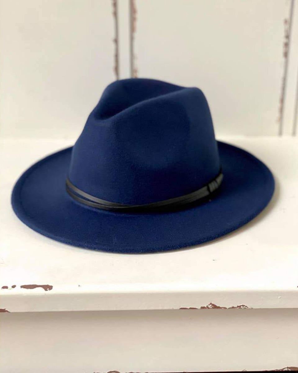 Wool Double Leather Ribbon Fedora - Navy