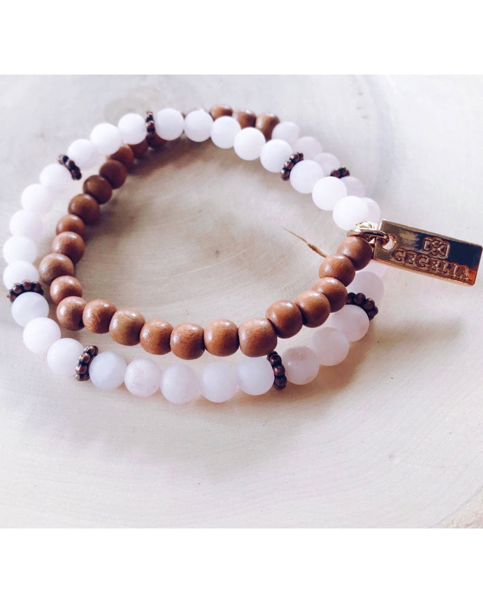 Wood Gemstone Double Wrap Bracelet - Rose Quartz